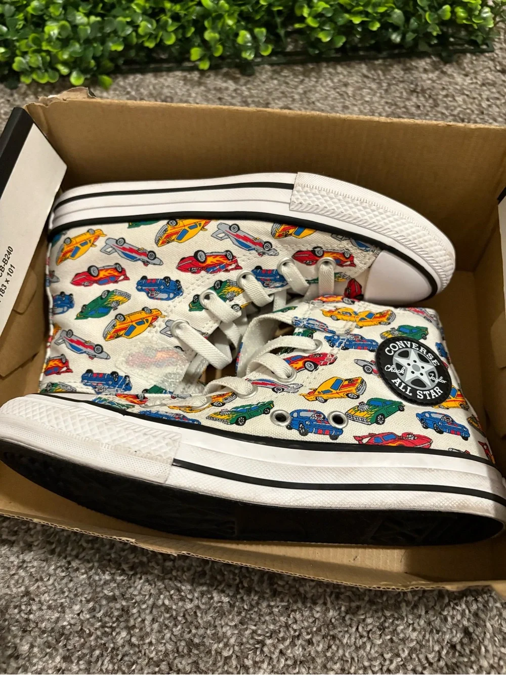Kids White High-Top Sneakers with Colorful Car Print